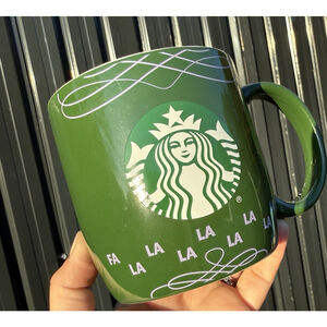 Starbucks 2020 Holiday Christmas Coffee Mug Green Purple Fa La La La La 18 oz